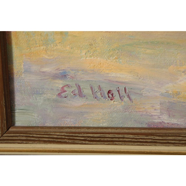 Yellow American 20th Century Winter Mountain Town Landscape Original Oil Painting by Ed Hall For Sale - Image 8 of 13