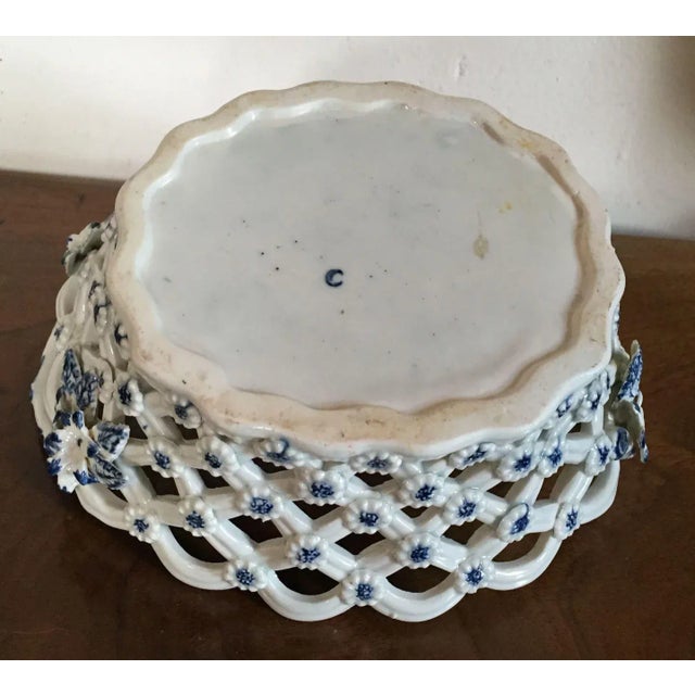 Antique 18th c. English Worcester porcelain oval centerpiece basket decorated inside and out with bright blue glaze in the...