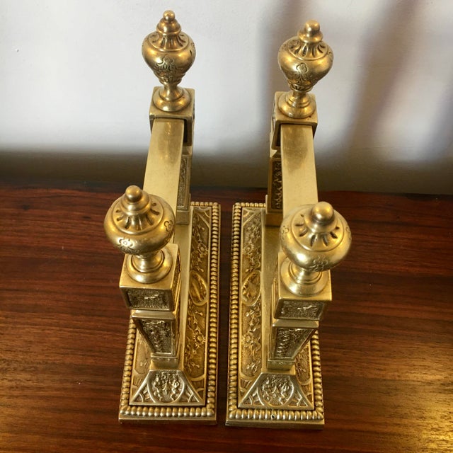 Victorian Solid Brass Aesthetic Movement Fireplace Andirons For Sale - Image 3 of 12