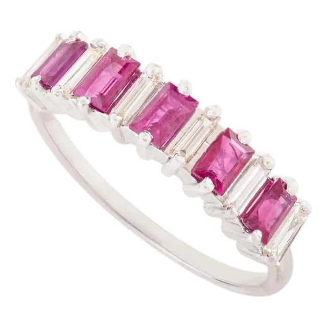 Prong Set Alternating Ruby & Diamond Baguette Band Ring Size 7 in 14k White Gold For Sale