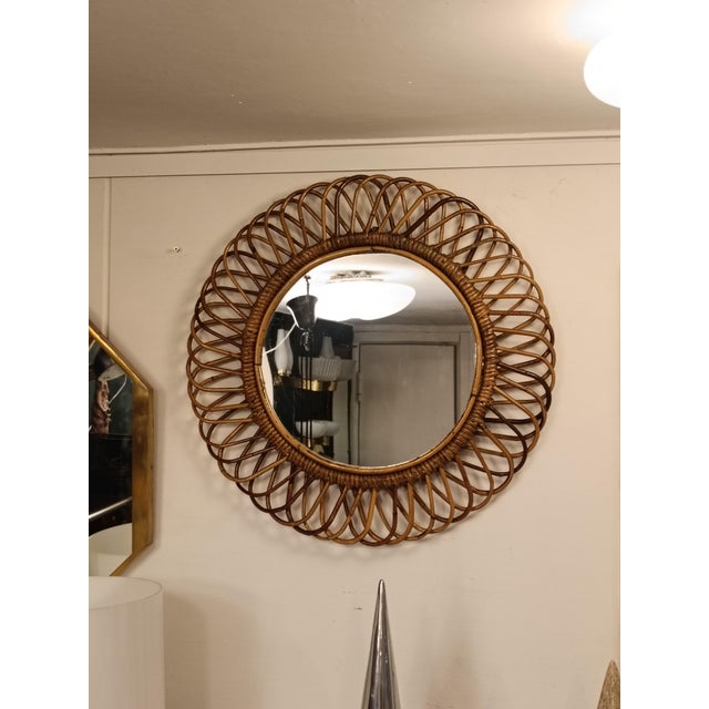 Brown Round Rattan and Bamboo Wall Mirror attributed to Franco Albini, 1960s For Sale - Image 8 of 10