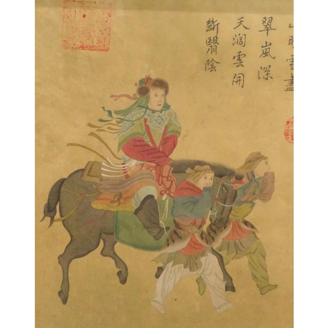 Brown Pair of 19th Century Chinese Equestrian Horse Paintings in Watercolor For Sale - Image 8 of 12