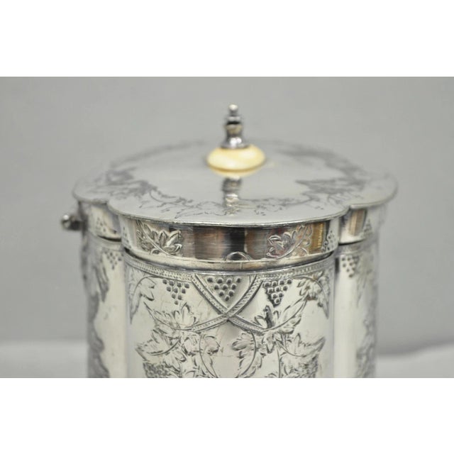 Antique Victorian Silver Plated Etched Footed Hinged Biscuit Barrel Jar on Stand For Sale - Image 12 of 18