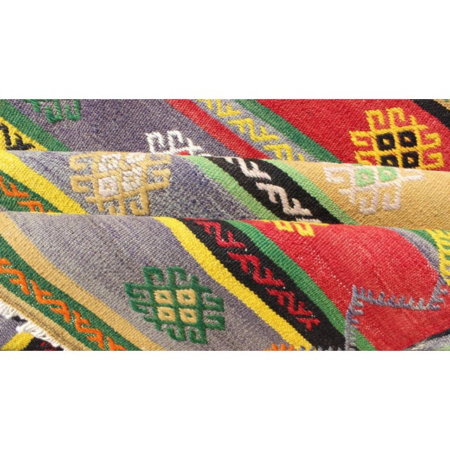 Mid 20th Century Colorful Large Turkish Kilim Carpet With Striped Geometric Shapes Design For Sale - Image 11 of 12