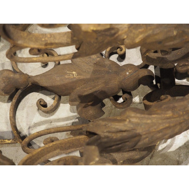 Set of Four Vintage French 3-Arm Iron and Tole Sconces, Distressed Gilt Finish For Sale In Dallas - Image 6 of 18