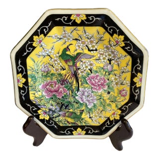 Vintage Octagonal Yellow Asian Plate With Bird For Sale