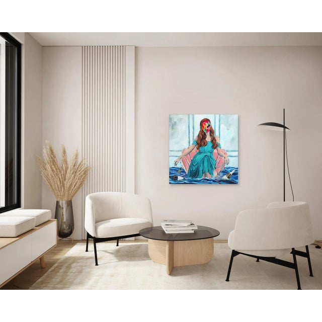 Textile Statement on the Stream - Original Figurative Surrealist Painting Woman Relaxing in Arm Chair Floating on Water Artwork by Iqi Qoror For Sale - Image 7 of 8