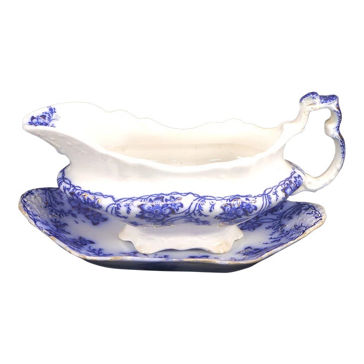 Antique Johnson Brothers Claremont FlowBlue Gravy Boat and Under Plate