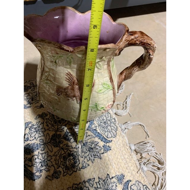 Pink Antique Majolica Pitcher With Bird Motif For Sale - Image 8 of 11