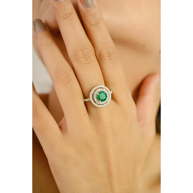 Art Nouveau 18k Halo Diamond Round Emerald Bridal Ring Size 6 For Sale - Image 3 of 12