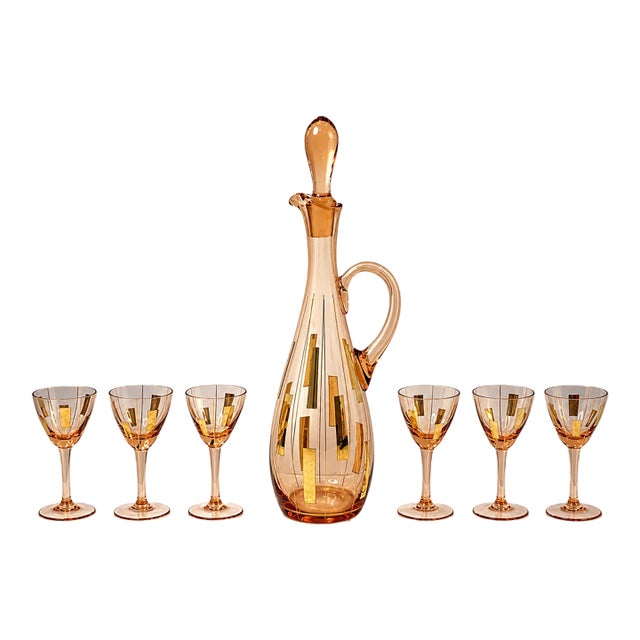 Vintage Rose-Gold Glass Decanter & 6 Cordial Glasses — Geometric Gold Modernist Barware Set 7 pcs For Sale