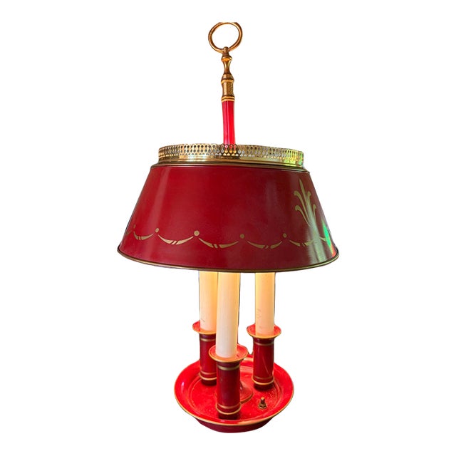 Antique Red Metal Tole French Bouillotte Table Lamp For Sale