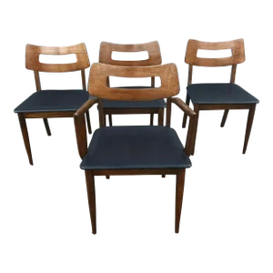 Set of 4 Mid Century Broyhill Walnut and Vinyl Seat Upholstered Chairs