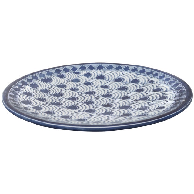 African Vintage Handcrafted West-African Blue-Patterned Soapstone Decorative Plate For Sale - Image 3 of 4