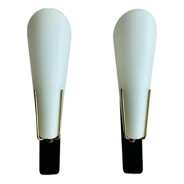 Mid-Century Modern Scandinavian Milk Glass and Brass Wall Lights, Denmark, 1960s, Set of 2 For Sale