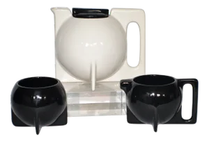 Vintage Bauhaus Memphis-Style Pottery Teapot, Creamer, & Sugar Jar