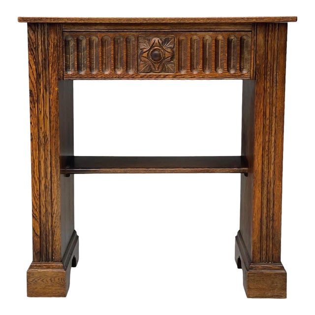 1970s Arts and Crafts Side Table With Carved Floral Drawer For Sale