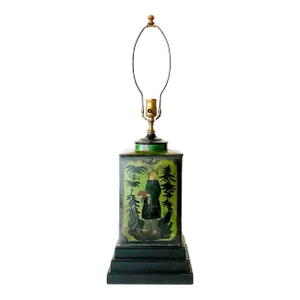 Mid 20th Century Chinoiserie Style Green Tole Tea Tin/Canister Lamp