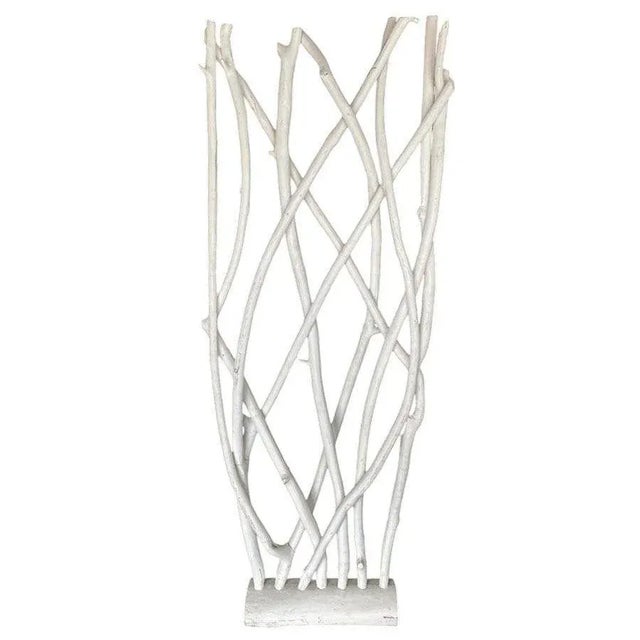 White painted modernist driftwood floor sculpture featuring 10 driftwood strands fixed to a driftwood base. Dimensions:...