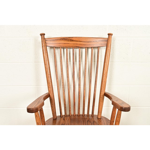 Stickley Style American Colonial Solid Oak Spindle Back Windsor Armchairs, Pair For Sale In South Bend - Image 6 of 15