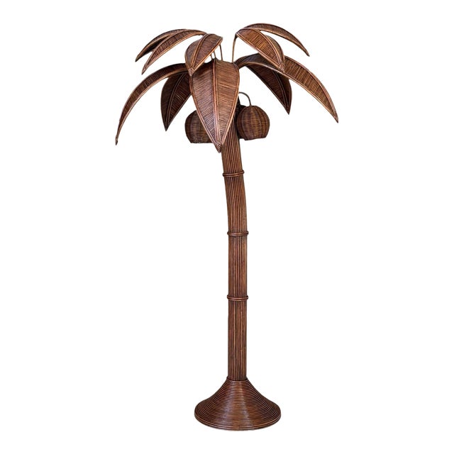Monumental Vintage Rattan Palm Tree Floor Lamp With Three Coconut Lights For Sale