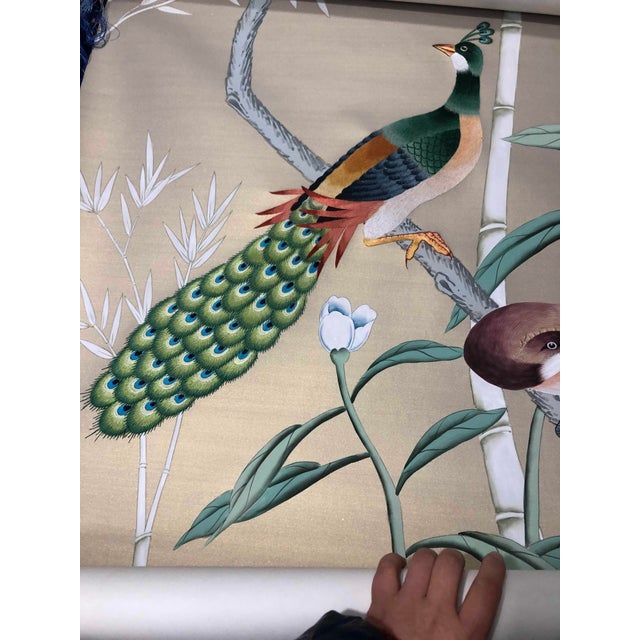 Hand‑Painted Oriental Wall Art, Peacock Birds and Blossom Tree Panel For Sale - Image 4 of 4
