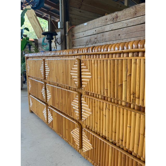 Contemporary Vintage Restored Waterfall Split Rattan 9-Drawer Dresser For Sale - Image 3 of 12
