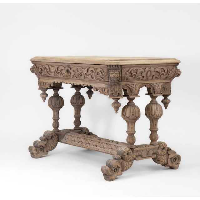 Antique English Bleached Carved Oak Hall Centre Table with Drawer, 1890s For Sale - Image 15 of 15