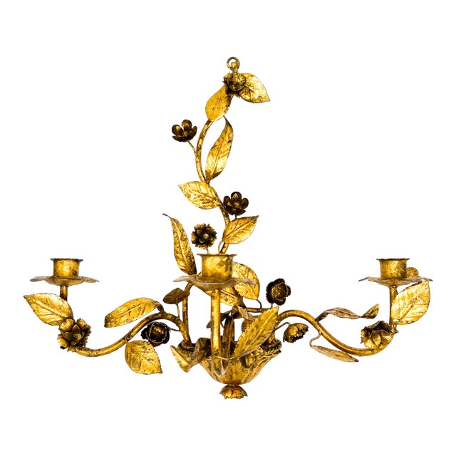 Vintage Italian Gilt Tole Floral Three Arm Wall Sconce — Hollywood Regency / Florentine For Sale