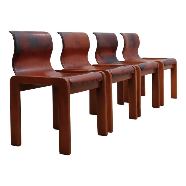 Curved Wood & Leather Chairs from Afra & Tobia Scarpa, 1970s, Set of 4 For Sale