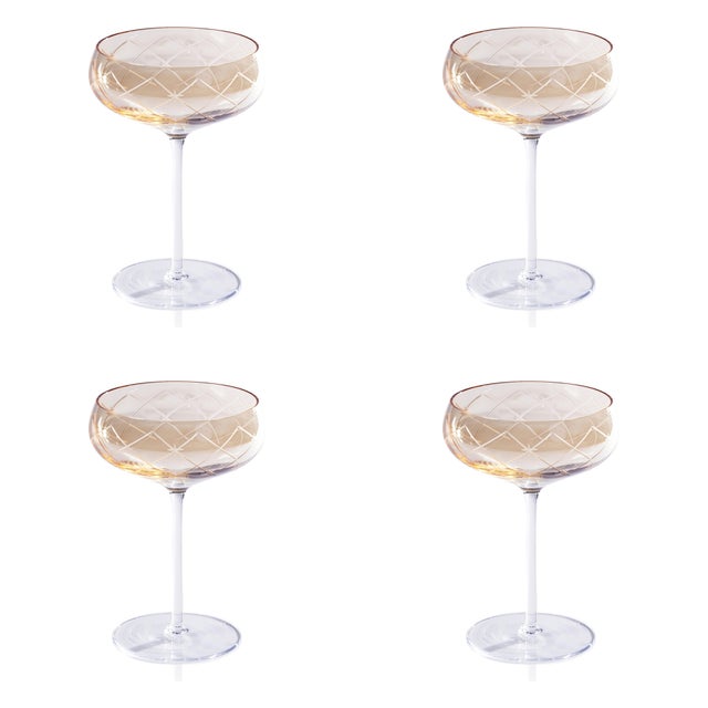 Amber Audrey 4-Piece Set Hand Etched Coupe Glasses, Amber Luster For Sale - Image 8 of 8
