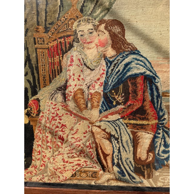 Authentic late 19th-century handmade needlepoint tapestry featuring a classic Continental "gallant scene" of a courtly...