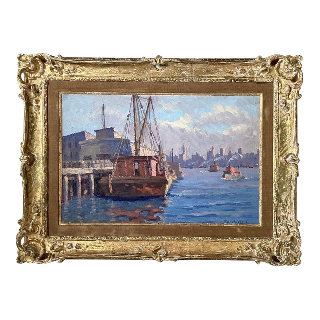 Impressionist Oil Painting on Board of City Harbor Scene in Original Frame For Sale