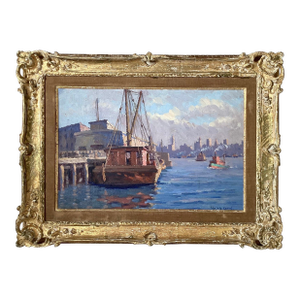 Impressionist Oil Painting on Board of City Harbor Scene in Original Frame