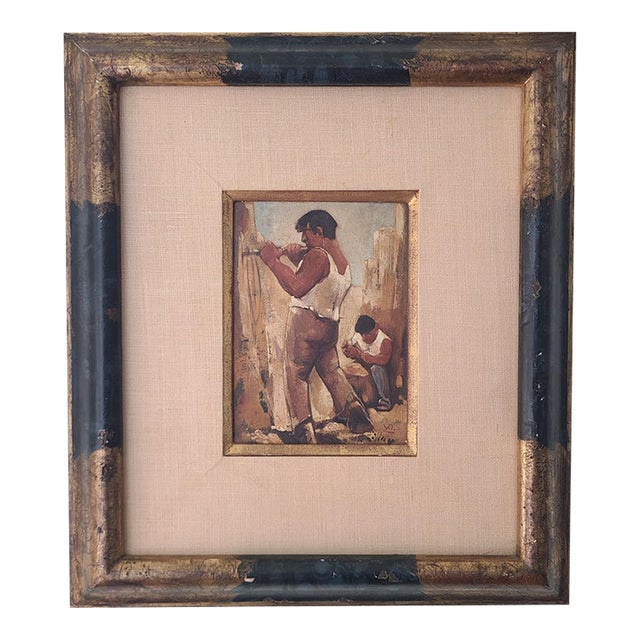 Willem Van Den Berg Rare Vintage 1960's Oil Painting Stone Masons in a Quarry For Sale