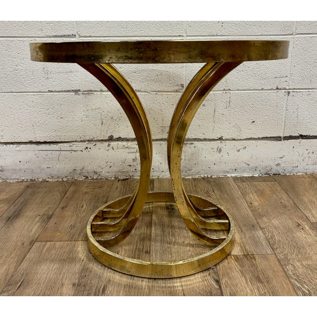 Vintage Hollywood Regency Art Deco Tulip Milo Baughman Style Brass & Glass Table For Sale - Image 9 of 11