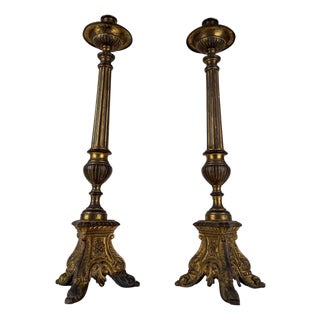 Italian Baroque Style Church Candlesticks in Gilt Bronze, Set of 2 For Sale