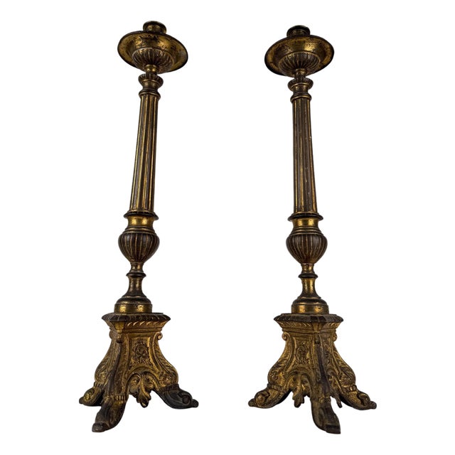 Italian Baroque Style Church Candlesticks in Gilt Bronze, Set of 2 For Sale