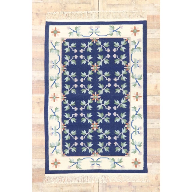Blue Vintage Floral Kilim Rug, 04'03 X 06'03 For Sale - Image 8 of 9