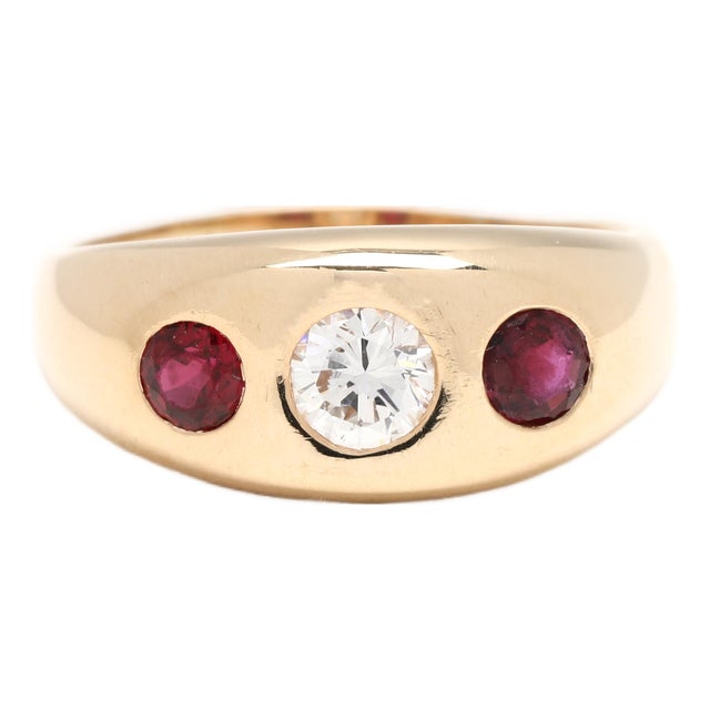 Vintage .65ctw Ruby and Diamond Signet Ring, 13k-14k Yellow Gold, Ring Size 4.75 For Sale