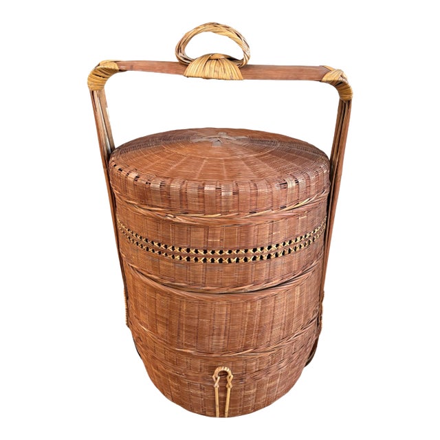 Vintage Chinese Three-Tier Wedding Basket in Handwoven Bamboo For Sale