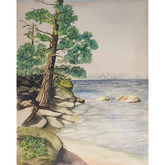 Vintage Mid Century Rocky Seashore Watercolor Painting For Sale
