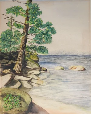 Vintage Mid Century Rocky Seashore Watercolor Painting