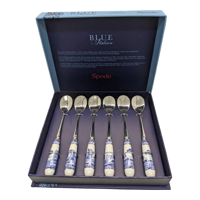 Early 21st Century Spode Blue Room Blue & White Italian Pattern Teaspoons- Set of 6 For Sale