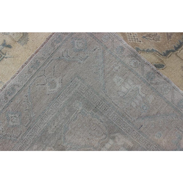 Textile Vintage Turkish Oushak Rug With Medallion in Cream Background, Gray Green & Camel For Sale - Image 7 of 8