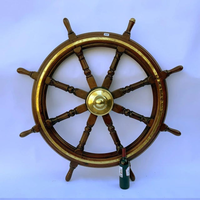 Nautical Antique Wood and Brass Ship's Wheel For Sale - Image 3 of 8
