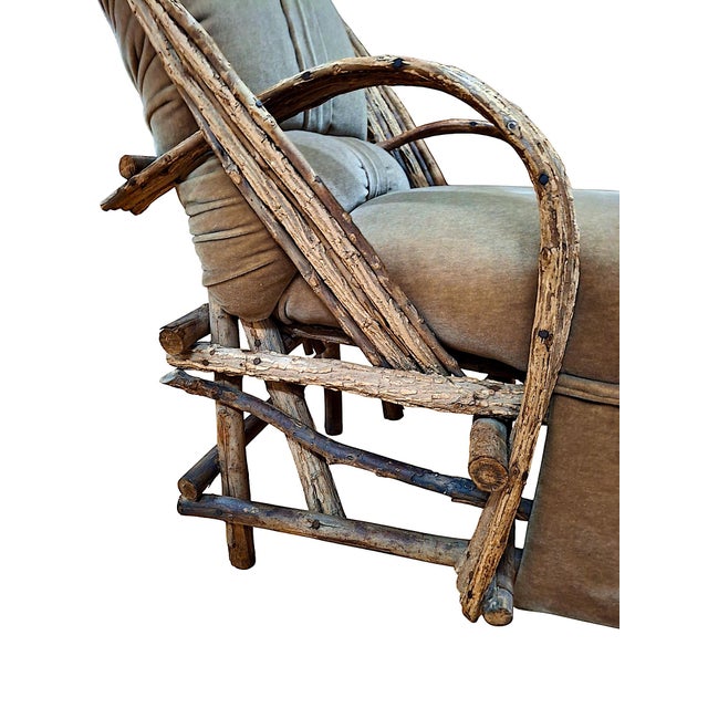 Taupe Vintage Adirondack Bent Willow Upholstered Chaise Lounge For Sale - Image 8 of 10