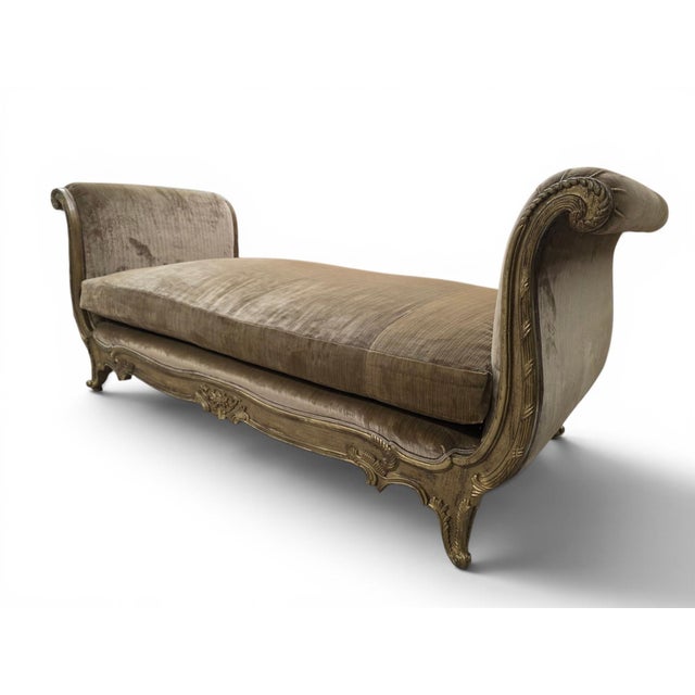 Vintage Marge Carson French Louis XV Style Daybed Newly Upholstered in Italian Gold Stripe Elegant vintage French Louis XV...