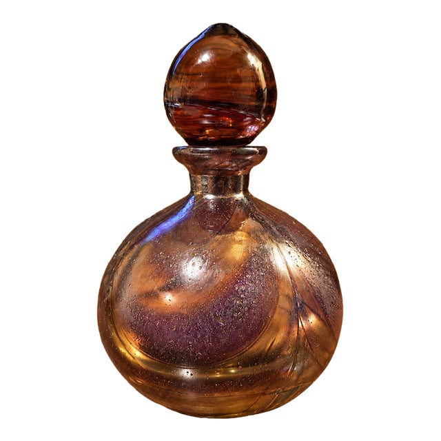 Vintage French Allex Art Glass Perfume Bottle With Stopper – Iridescent Amber & Amethyst Swirl Glass, 1980s For Sale
