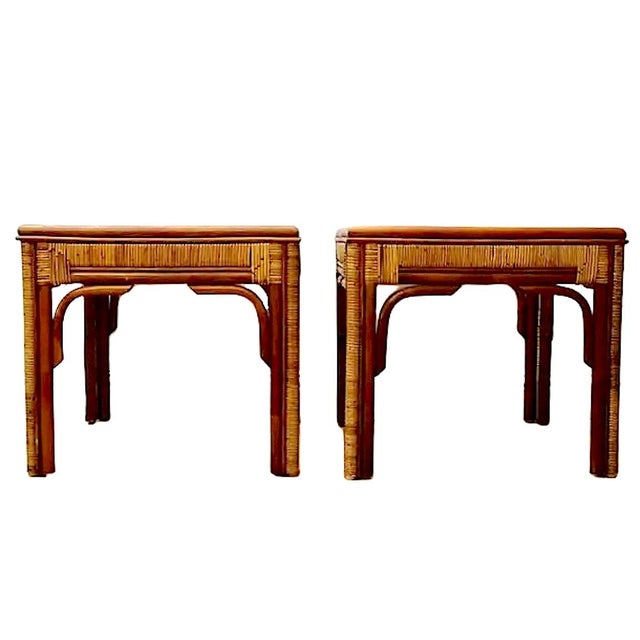 Pair of Mid-century Indonesian-style bamboo and rattan side tables with removable glass tops, by P.T. Fendi Mungil.